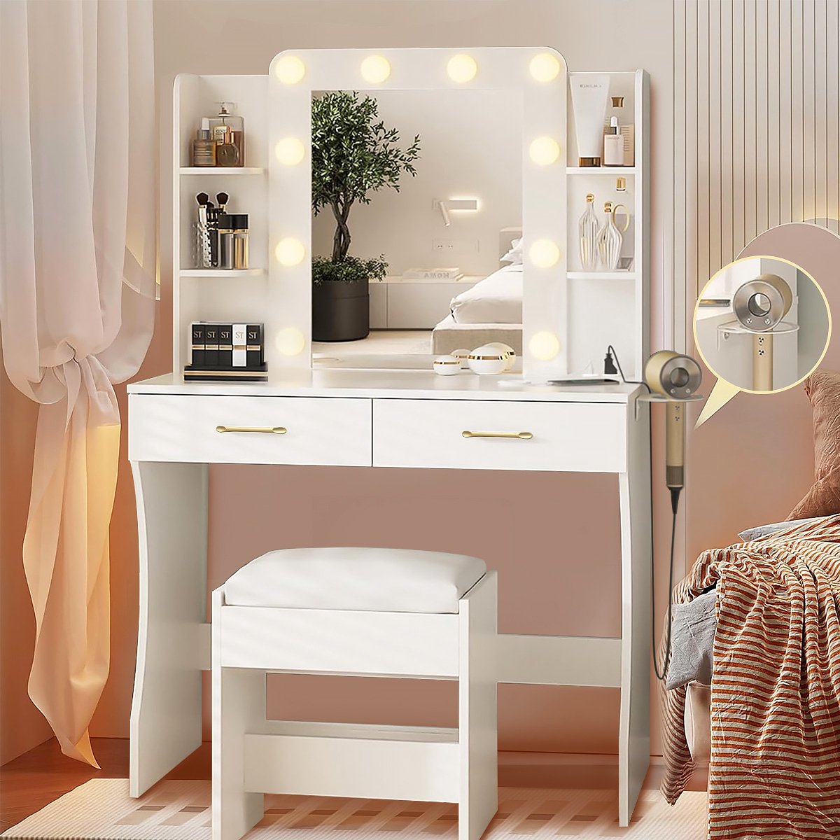 Kaptafel - Make Up Tafel - Inclusief Krukje - Met Spiegel en 10 LED Lampen - Met Stopcontacten & USB-poorten - 3 Lichtkleuren - 2 Laden en 4 Planken - Eenvoudige Montage - 140x85x40 cm - Voor Slaapkamer Kleedkamer - Wit