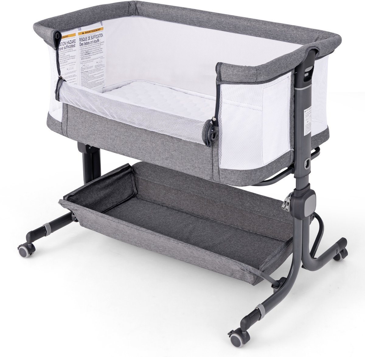 COSTWAY 3-in-1 bijzetbed, reisbed baby met matras, babybed 6 vakken in hoogte verstelbaar met opbergmand en draagtas, draagbare wieg met wielen voor baby's tot 6 maanden (donkergrijs)