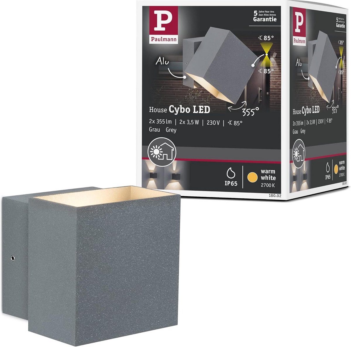 Vierkante LED wandlamp voor buiten met instelbare lichtbundel IP65 Grijs