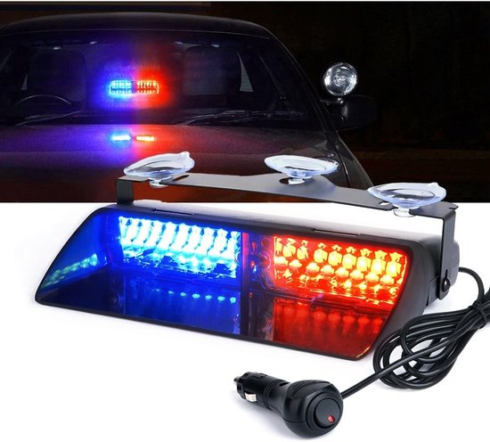 LED stroboscoop met rode en blauwe LED's, bevestigd met zuignappen aan de voorruit. Inclusief sigarettenaansteker.