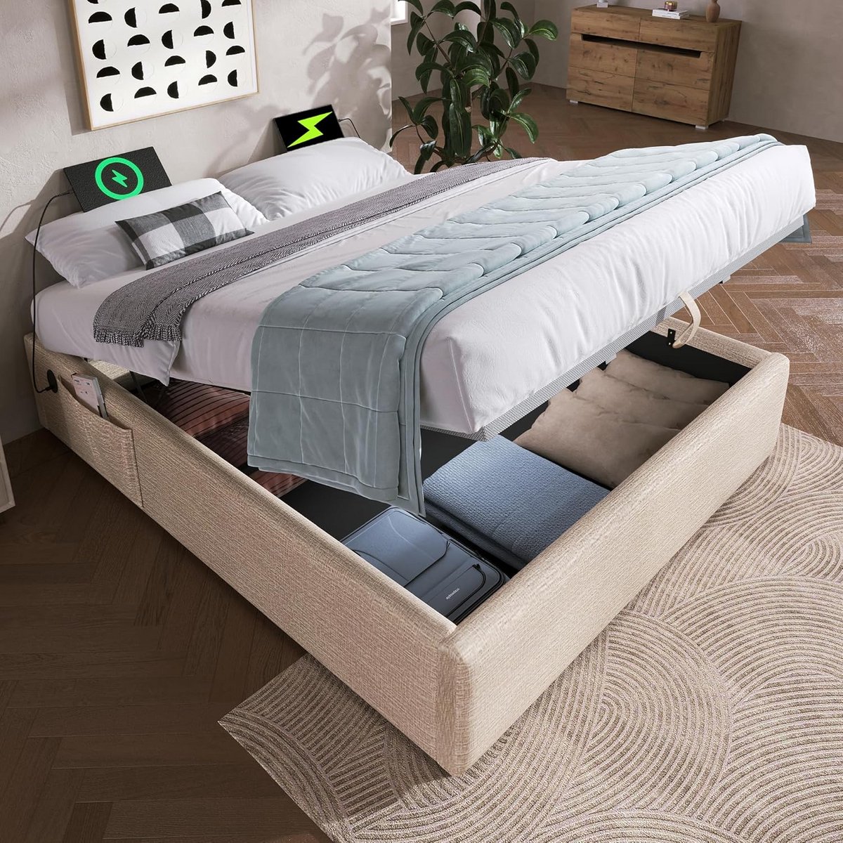 Tweepersoons Bed 140x200 met USB Oplaadpunt en Opbergruimte - Gestoffeerd Beige Linon