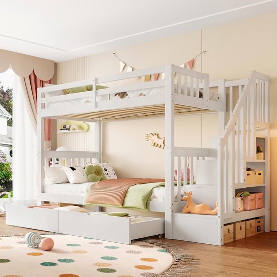 MQGPM Kinderbed, hoogslaper, 90 x 200 cm, met valbescherming en opbergtrap, veelzijdig stapelbed, huisbed met lattenbodem en 2 opbergladen, voor 2 kinderen, spelend leren, wit, zonder matras