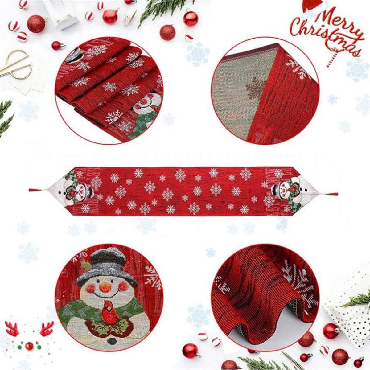 Elegante Rechte Kerst Tafelloper in Rood met Borduurwerk - 183x33 cm