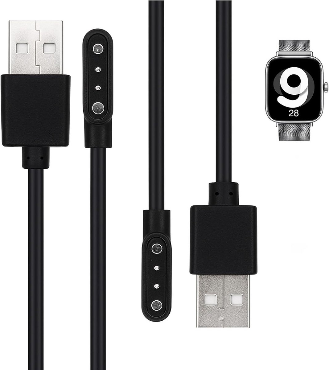 2x Magnetische USB Oplader voor Smartwatch met 2 Pinnen 4mm en 60cm Kabel
