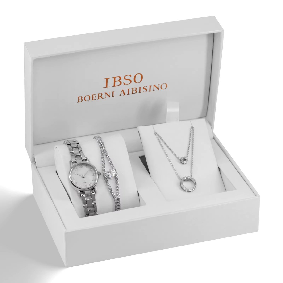 Boerni Aibisino Luxe Horloge Giftset met armband en ketting - Tijdloze Zilverkleurige Elegantie met Horloge, Armband en Ketting