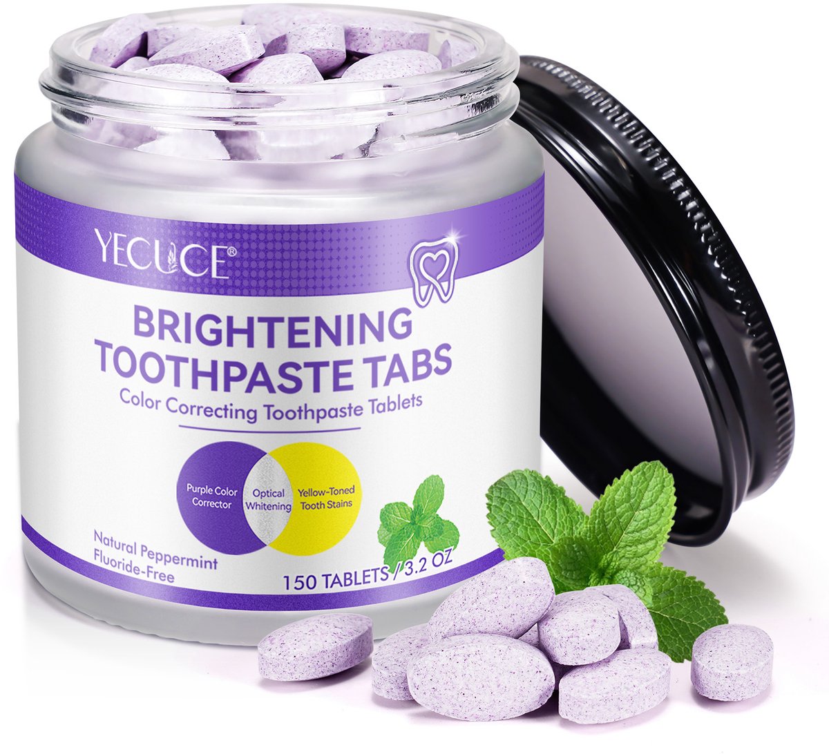 Koreaanse Paarse Tandpasta Tabletten – V34 Kleurcorrectie (Optisch) – Voordeelverpakking 300 Tabs – Pepermunt – Fluoridevrij & Vegan