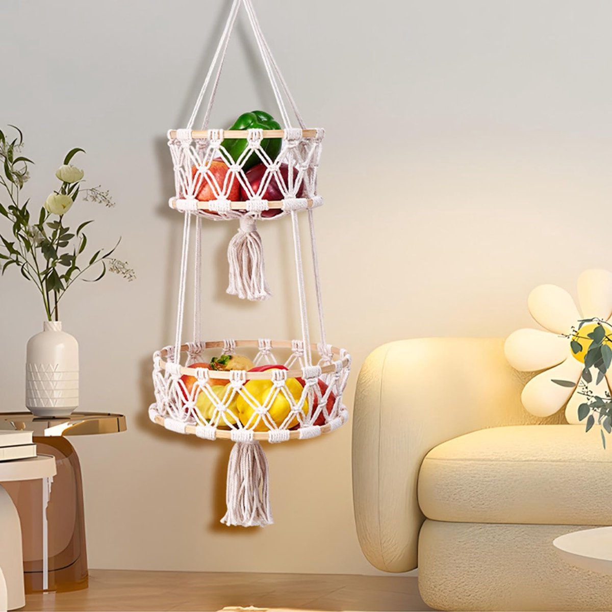 Famanu – Macramé hangmand 2 niveaus – boho wand fruitmand voor keuken en badkamer