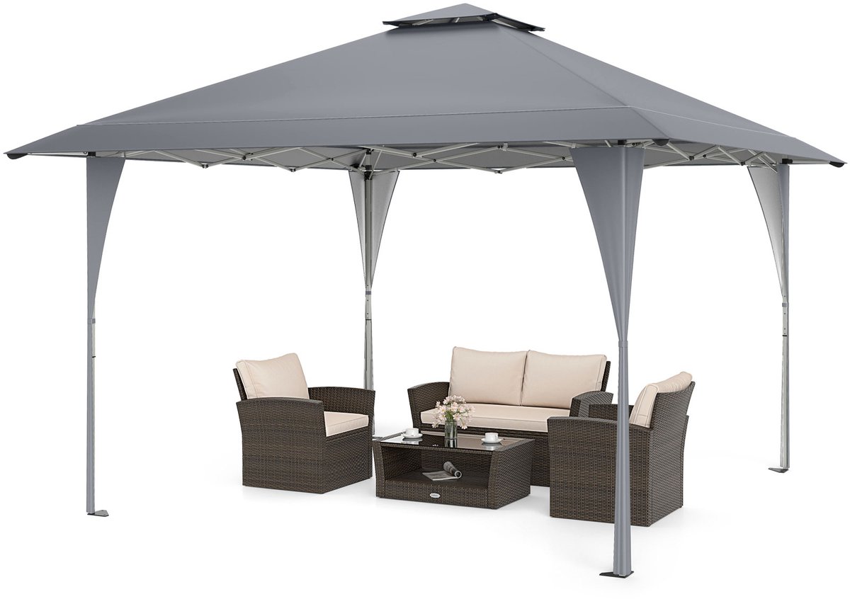 COSTWAY Pop-up paviljoen, 4 x 4 m, tuinpaviljoen, in hoogte verstelbaar met dubbel dak en metalen frame, waterdicht en stabiel, vouwpaviljoen incl. draagtas, tuintent, partytent voor terras, tuin