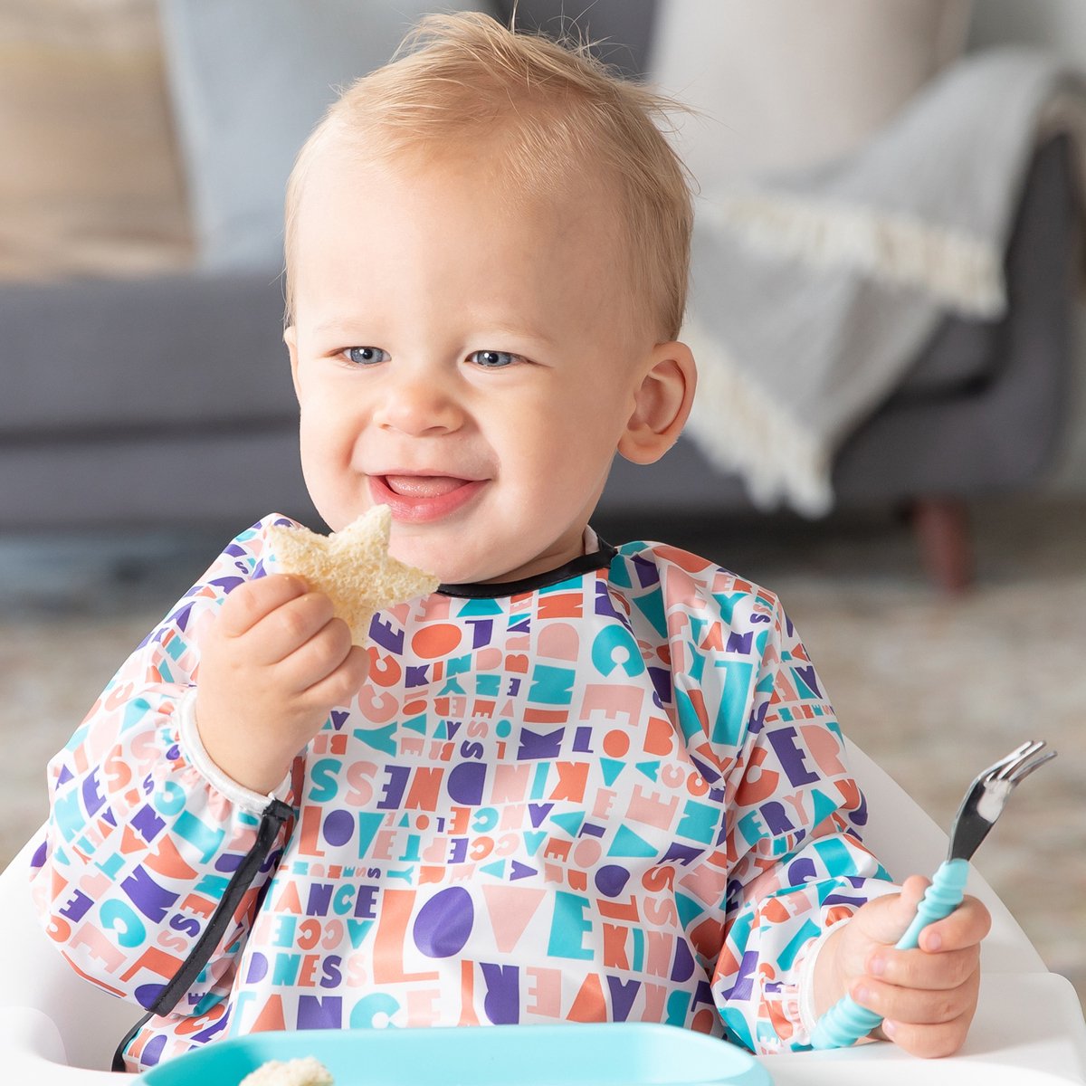 Bumkins Sleeved Bib - Waterdichte Mouwslab met Opvangbakje - Slab met Lange Mouwen - Knoeislab en Slabbetje voor Baby en Peuter - Machinewasbaar - Baby Led Weaning BLW - Elements of Kindness - Positieve Teksten - Wit Meerkleurig - 6-24 maanden