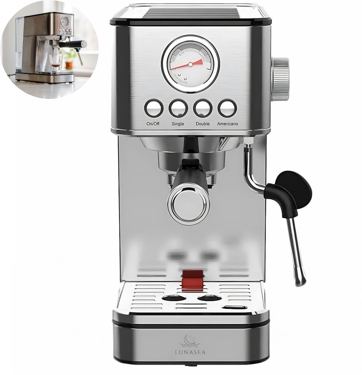 LunaSea® LunaPress - Espressomachine - Boiler Pressure Technology - Pistonmachine - RVS - Geschikt Voor Koffiecups - Inclusief Ontkalkingstabletten - LunaSea® - €129,95