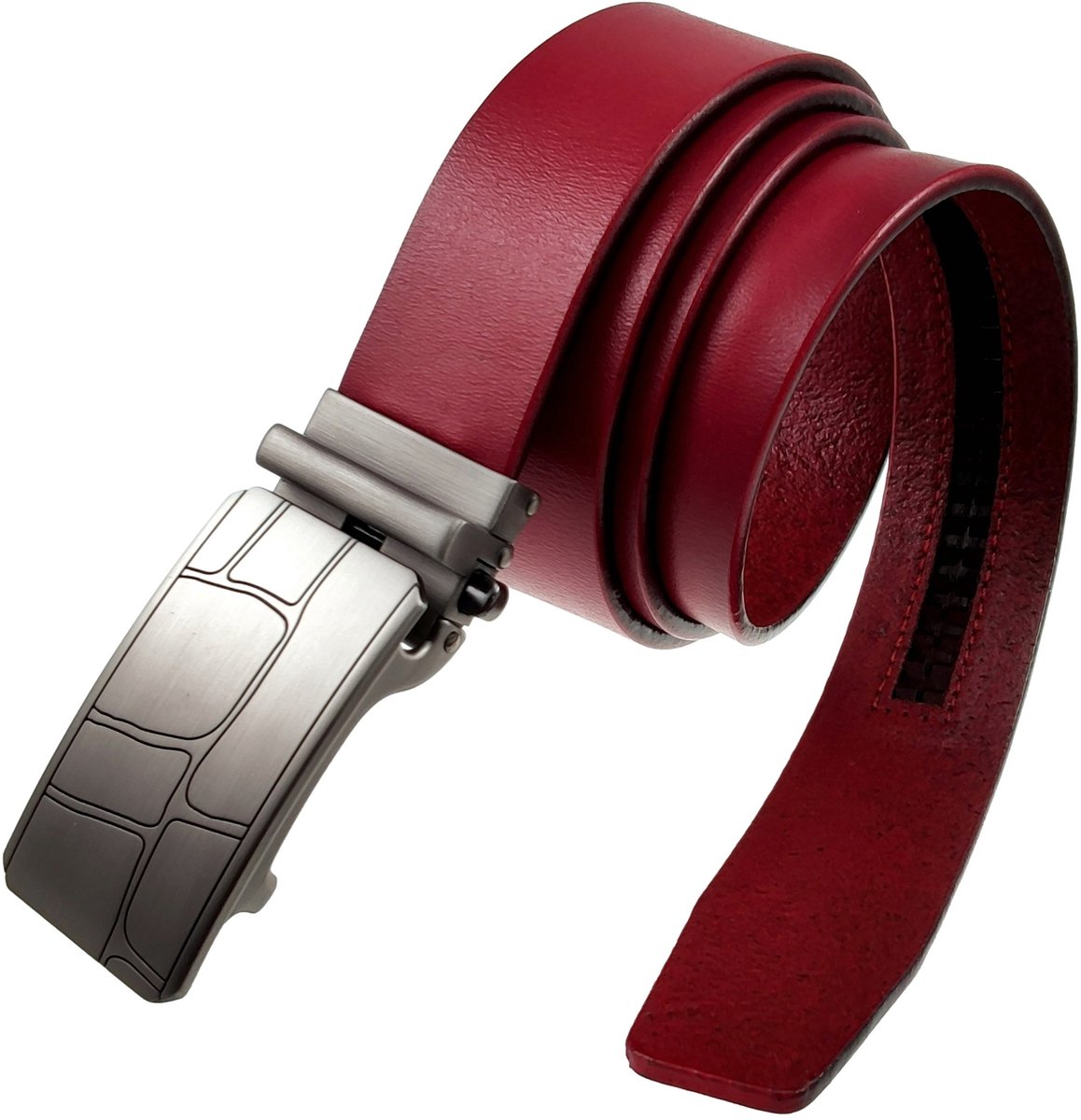 Verstelbare Rode Riem zonder Gaatjes, Automatische Riem, Echt Leer, Heren - 3,5 cm Breed - 87 - 109 cm