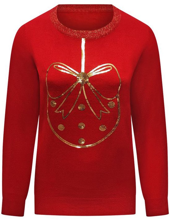 Foute Kersttrui Glitter Kerstbal Strik Rood - Dames - Maat M