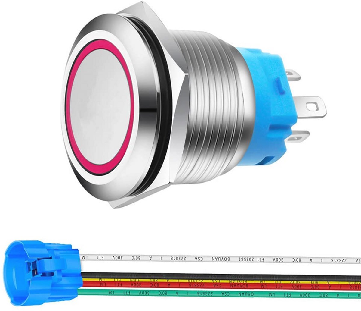 RVS Momentaire Drukknop 22mm 12V-24V AAN UIT Waterdicht met LED Indicator