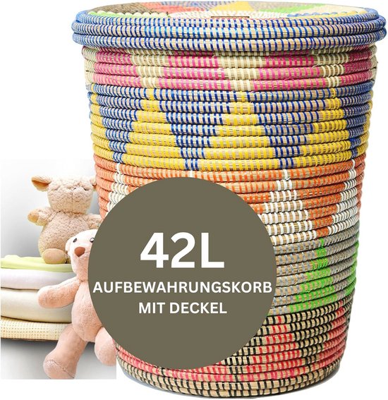 YAADU XL Wasmand Met Deksel, 50 Liter, Gevlochten Afrikaanse Mand Wit Kleurrijk Driehoek