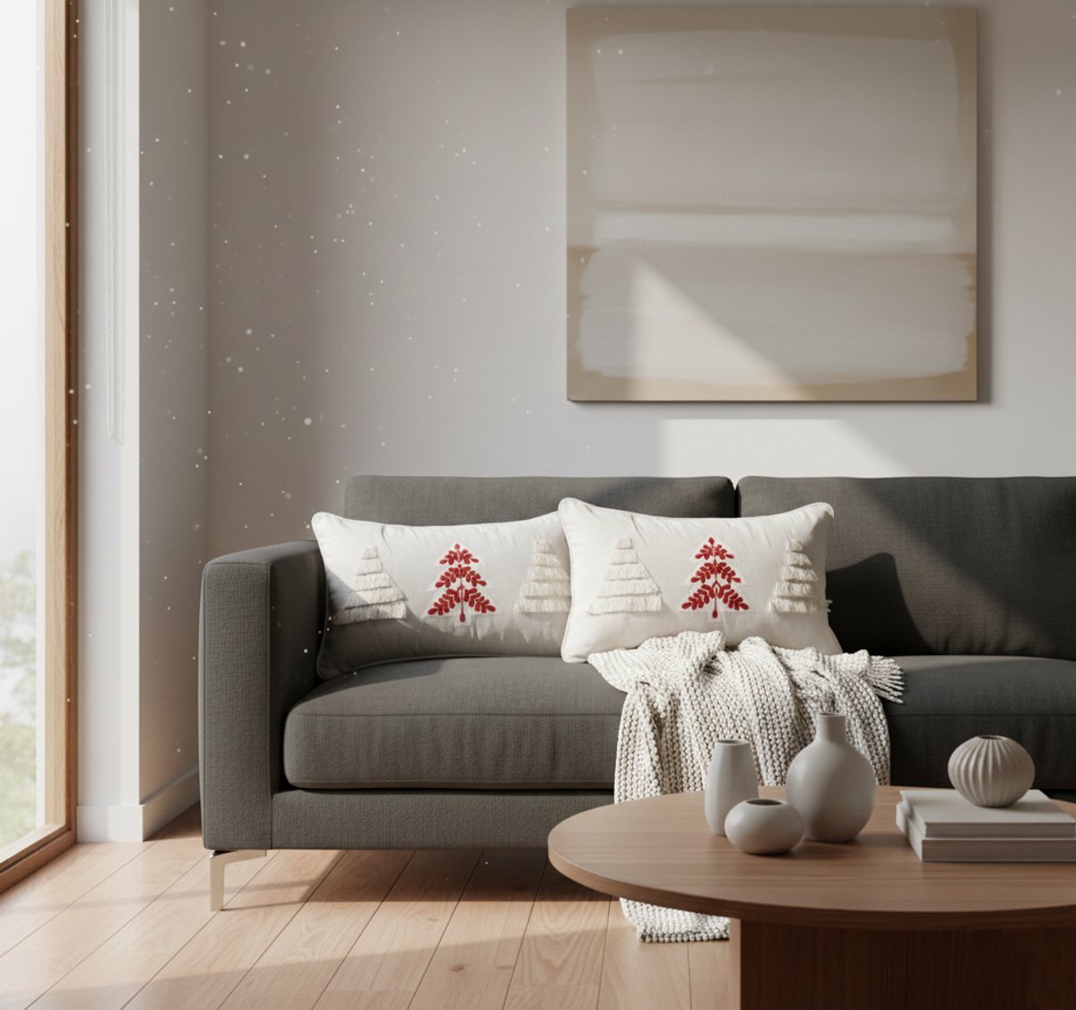 Kerstkussen Set van 2 Kussenhoezen Geborduurd met Bies en Bomenmotief - Rechthoekige Kussenhoesjes voor Kerst - Kerstkussens Scandinavisch Design - 30x50 cm - Katoen/Linnen Kussenhoes - Rood/Wit - Zonder Binnenkussen – foto 3