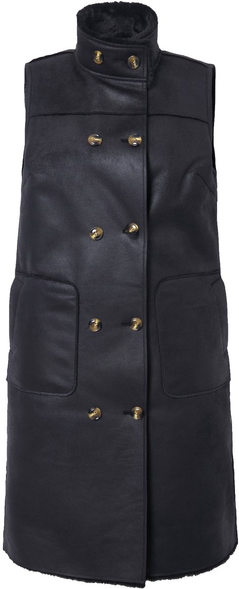 MIAMODA - Dames - Omkeerbare bodywarmer leerlook/teddypluche zijsplitten - Zwart - Maat 54+