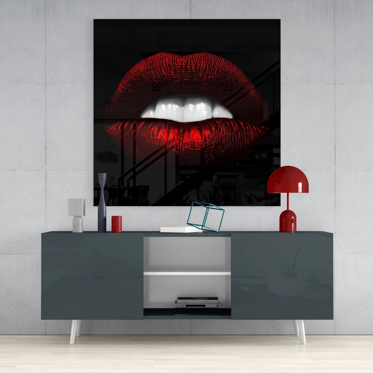 Insigne Art Glasschilderij Vierkant – Rode Lippen Kunst – Moderne Sensuele Wanddecoratie – Zwart & Rood - 100x100 cm
