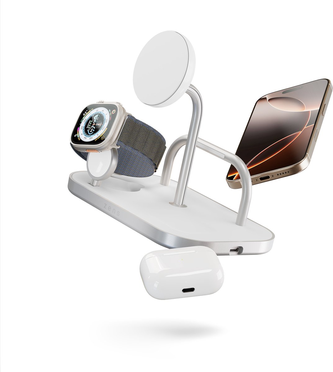 Zens 4 in 1 Wireless Charger 4× Qi2 15 W USB-C 60 W MagSafe draadloze lader iPhone Wit