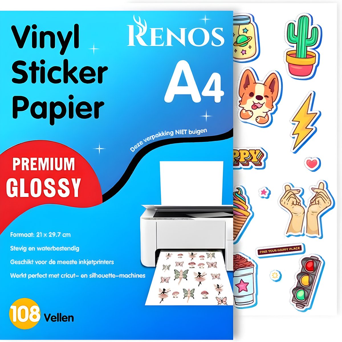 108 Glossy Vinyl Stickervellen A4 – Waterbestendig Stickerpapier voor Inkjet & Laser Printer - Geschikt voor Snijmachines