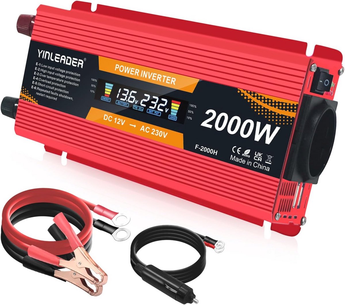 Spanningsomvormer 12V naar 220V 850W - 2000W met LCD-display en 2 USB-poorten