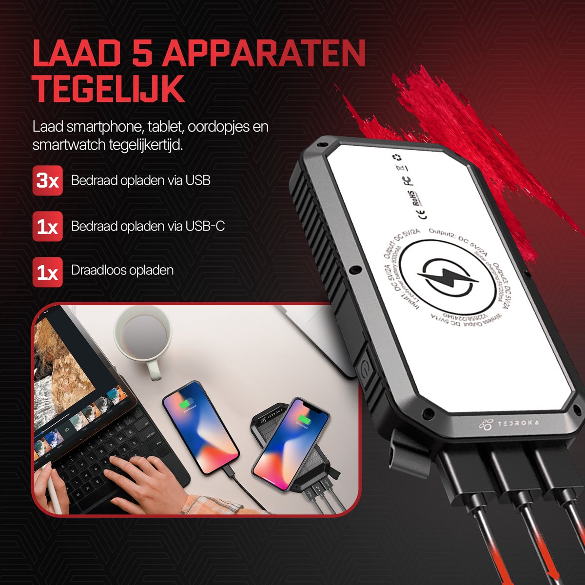 Tedroka® Zonne-Energie Powerbank - 3-in-1 Draagbare Oplader - USB-C & USB-Poorten - Draadloze Charger - Power Bank 10000 mah - Extern batterij met zaklamp voor kamperen – foto 8