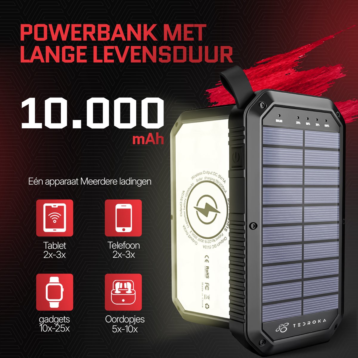 Tedroka® Zonne-Energie Powerbank - 3-in-1 Draagbare Oplader - USB-C & USB-Poorten - Draadloze Charger - Power Bank 10000 mah - Extern batterij met zaklamp voor kamperen – foto 7