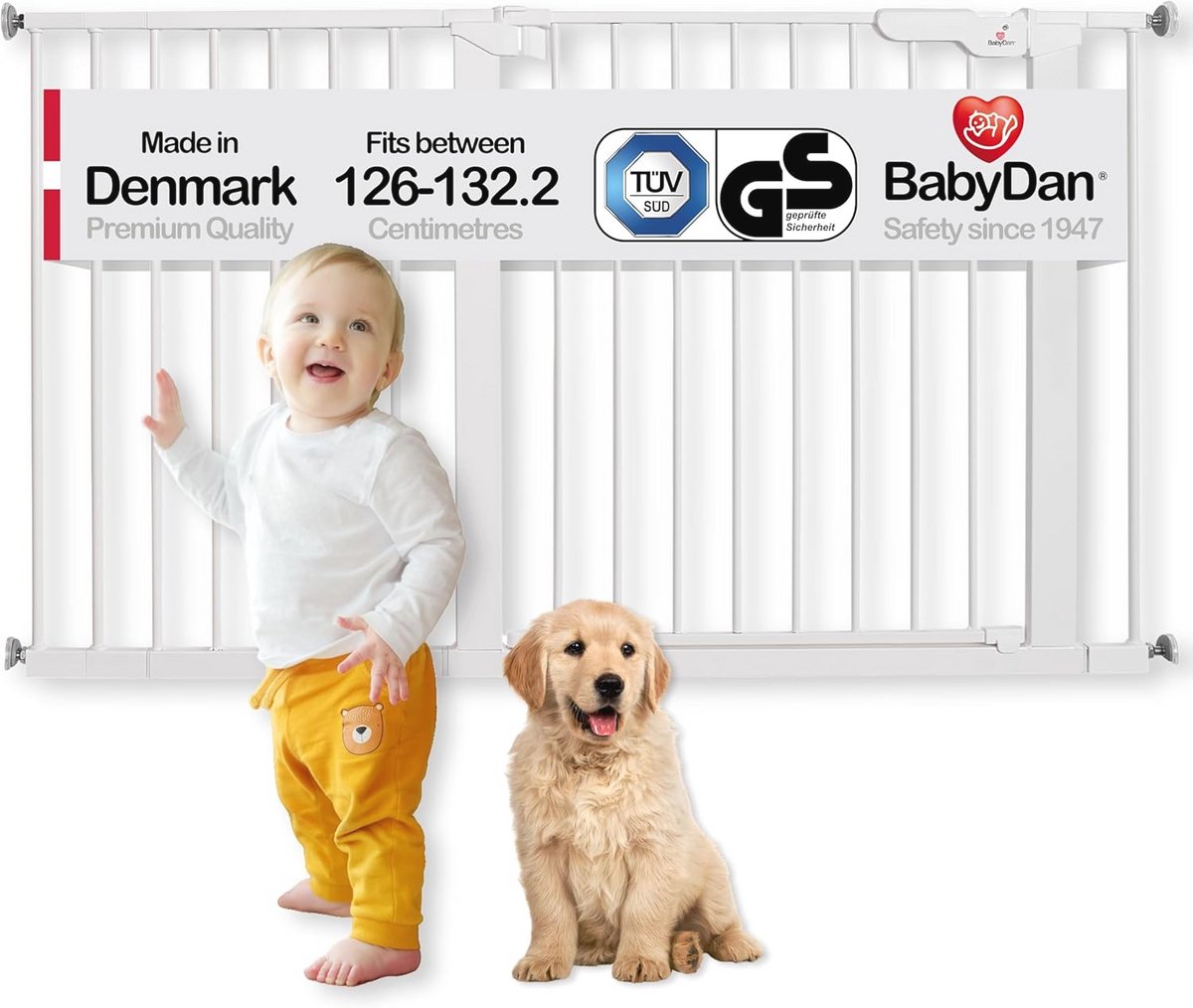 BabyDan Premier, extra brede drukpas, traphek, 126-132 cm, babyhekje, metaal, wit, Made in Denmark - (huisdierhek/hondenpoort)