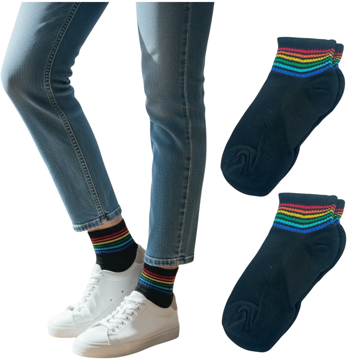 Zwarte Enkelsokken met Regenboogstrepen – One Size - Stoer & Comfortabel (1 Paar)