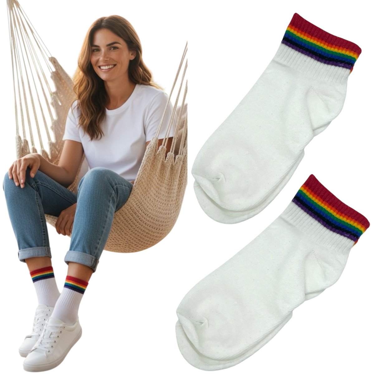 Witte Enkelsokken met Regenboogband & Rode Boord – One Size - Fris, Kleurrijk & Comfortabel (1 Paar)