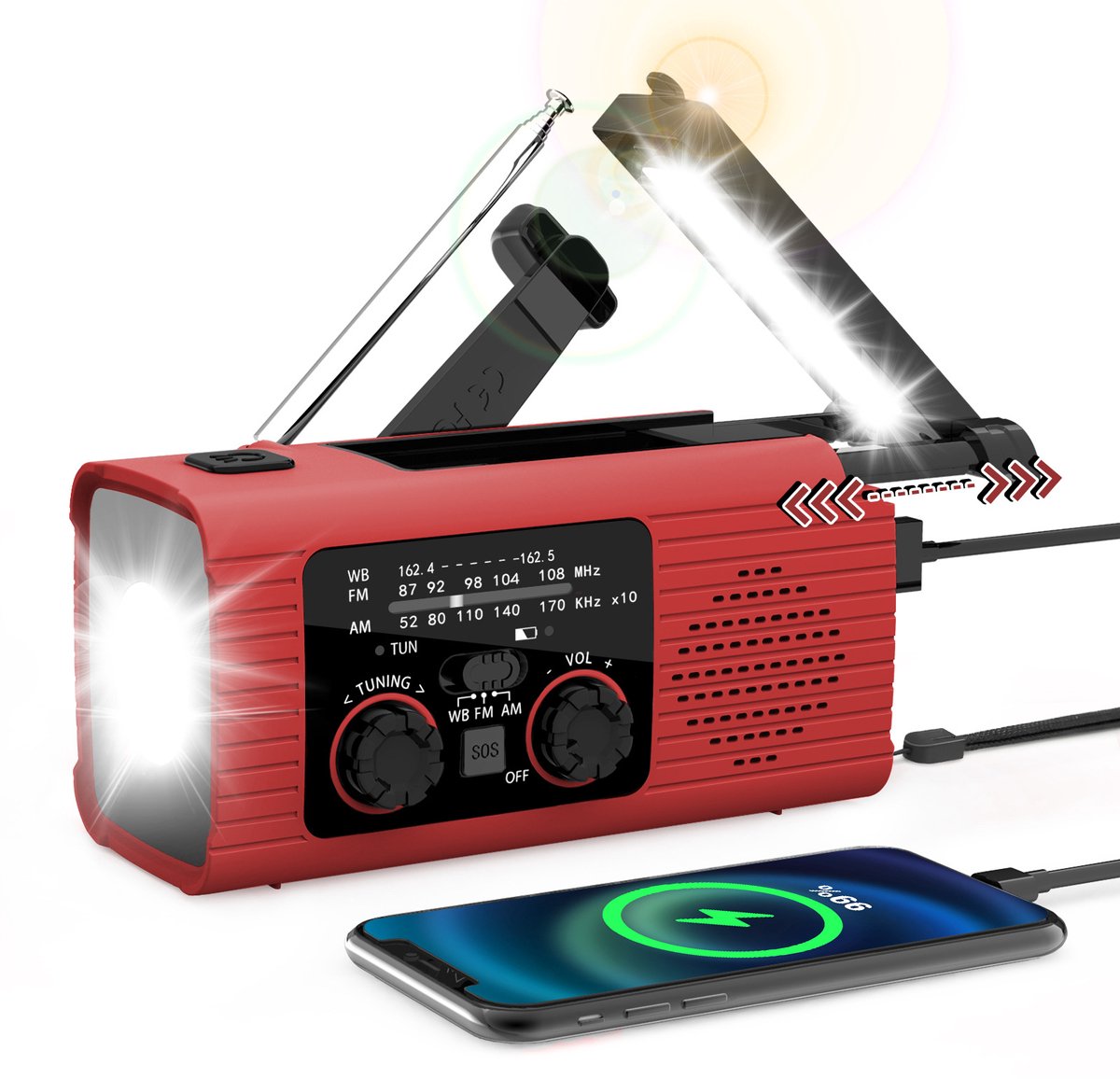 Draagbare radio - Noodradio - Noodradio solar opwindbaar - Opwindbare radio - Multifunctionele noodradio - 2000 mAh - Zaklamp - Rood - ABS