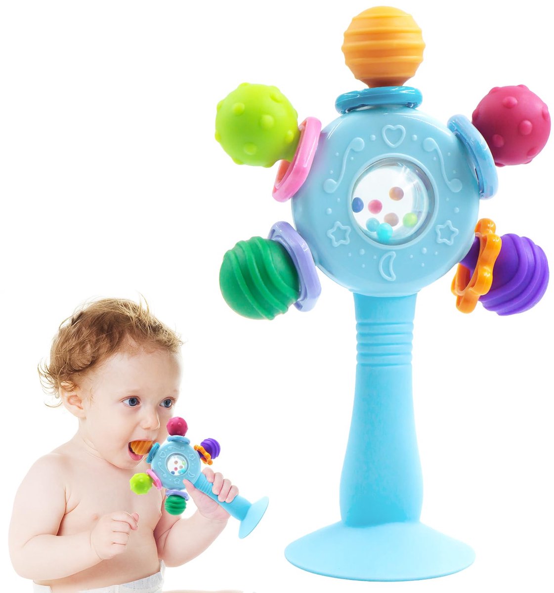 Kraftverdia Baby Zuignap Speelgoed – Bijtspeeltje & Rammelaar – Geschikt vanaf 3 Maanden – Interactief Educatief Babyspeelgoed – Blauw