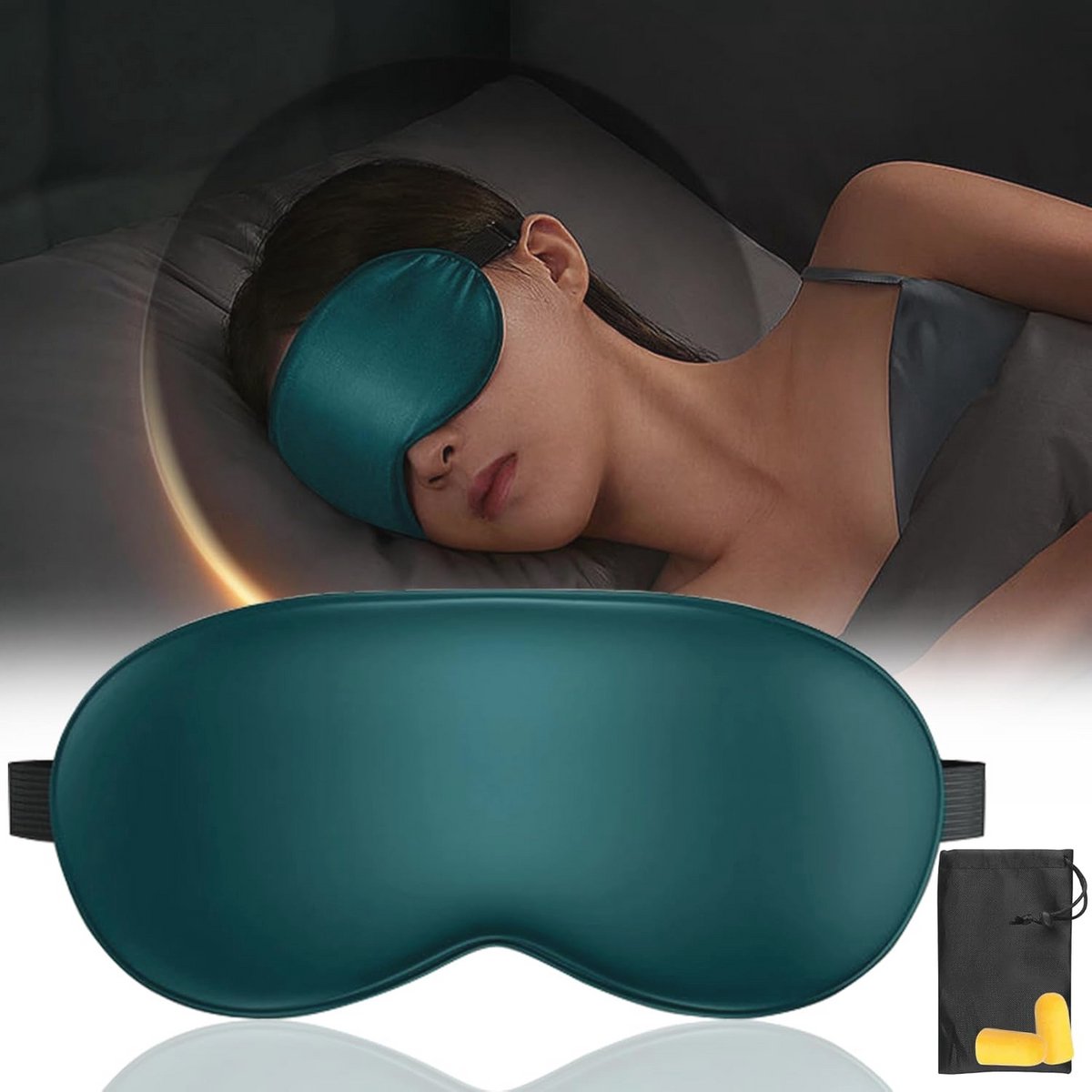 Zijden slaapmasker voor verduistering en ontspanning, natuurlijk materiaal met verstelbare riem en oordopjes