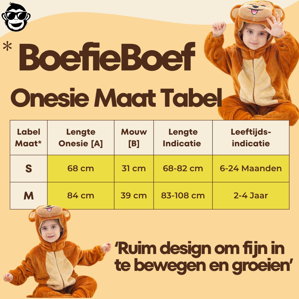 BoefieBoef Dieren Baby Onesie Peuter Pyjama Kinderen 6 maanden tot 2 jaar – Aap – Verkleedkleding met Luierrits – Kerst Carnaval Dierenpak - Kraamcadeau – Zacht Flanel - Romper - Boxpak - Jongens - Meisjes - Kruippak - Winterpak - Bruin - Monkey — afbeelding 3