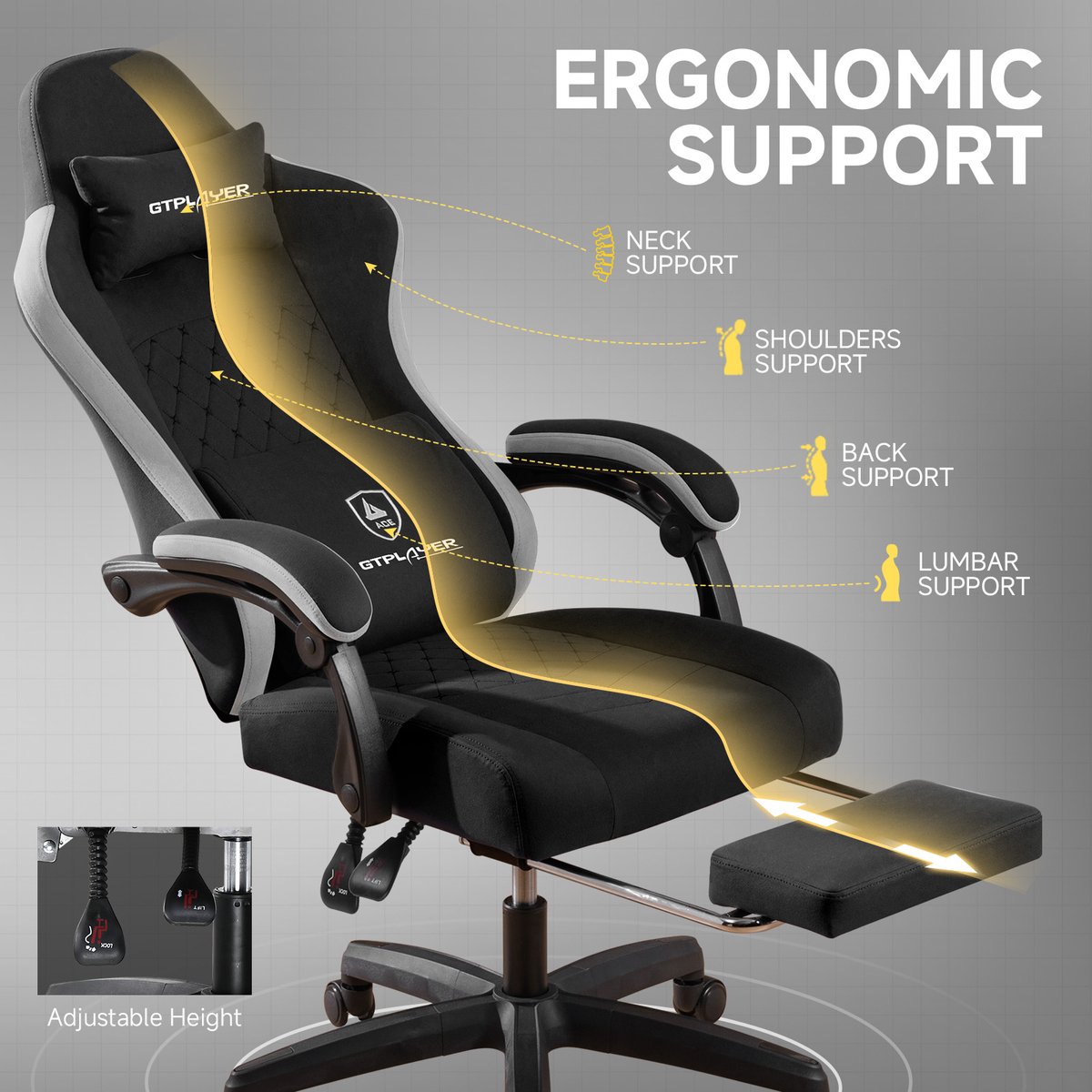 GTPLAYER Gamingstoel Ergonomisch met Voetensteun - Zwart - afbeelding 3