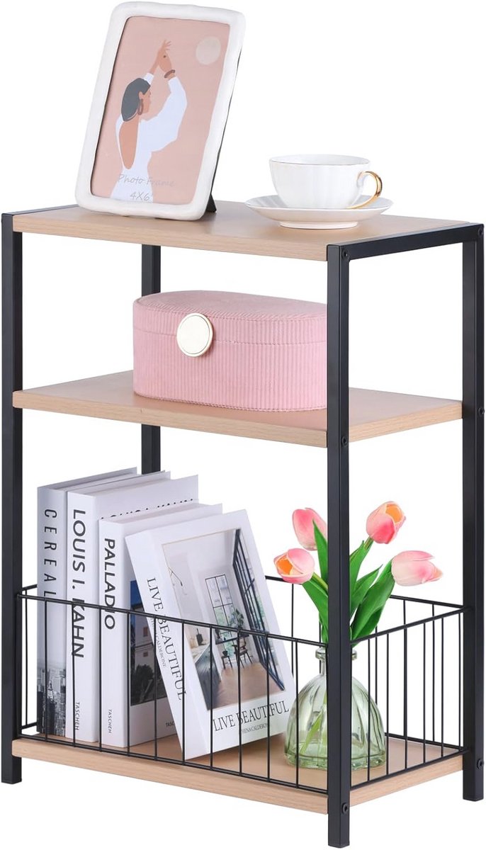 Smal Bijzettafel met Opbergvak - 3-traps Salontafel voor Woonkamer, Slaapkamer en Werkkamer - Natuurbeige