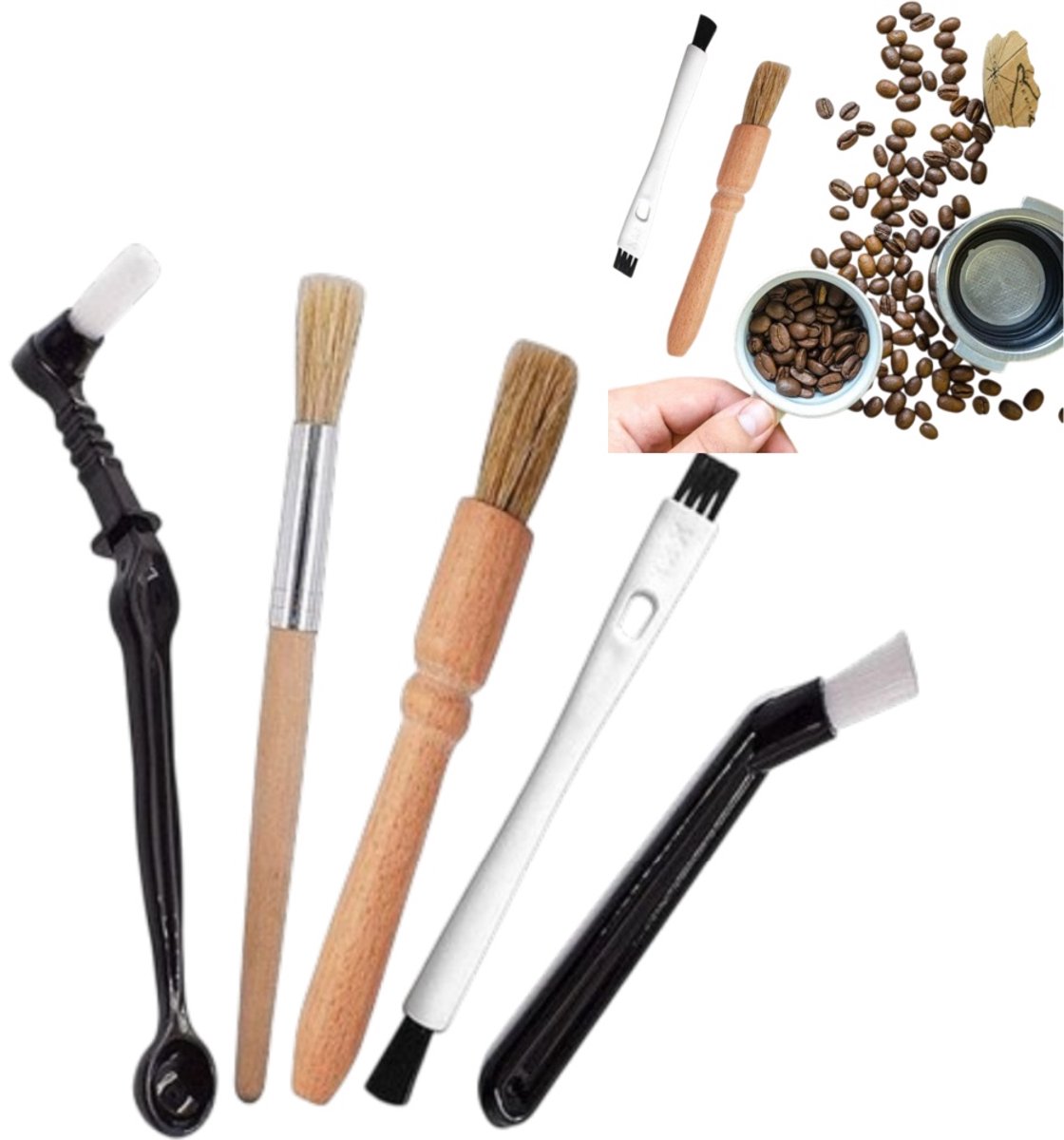 5 stuk reinigingsborstelset voor koffiemolens - Houten handvat met natuurlijke haren - Reinigingsborstel voor koffiemachines - Reinigingsgereedschap met lepel - 25*13*3cm - Geschikt voor het reinigen van koffiemolens - Originele kleur