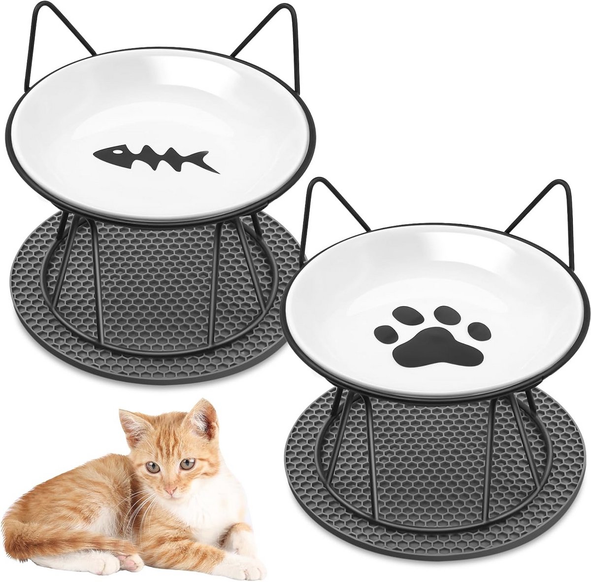 Set van 2 Verhoogde Kattenbakken en Voerbakken voor Katten en Honden met Antislipmatten