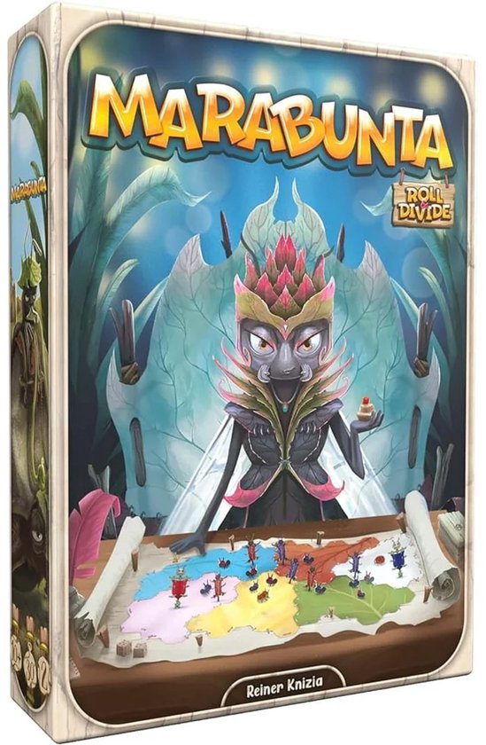 Doos van het bordspel Marabunta, met een grote insectenkoningin die op een landkaart wijst.
