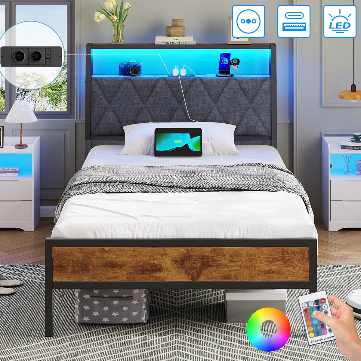 Mihtrov Eenpersoonsbed 90x200 cm - Jongerenbed - Jeugdbed - Heavy Duty Metalen Bedframe - Met LED Verlichting - Stopcontacten - USB Poorten - Type C - Hoofdbord met Opbergruimte - Donkergrijs Linnen Zwart