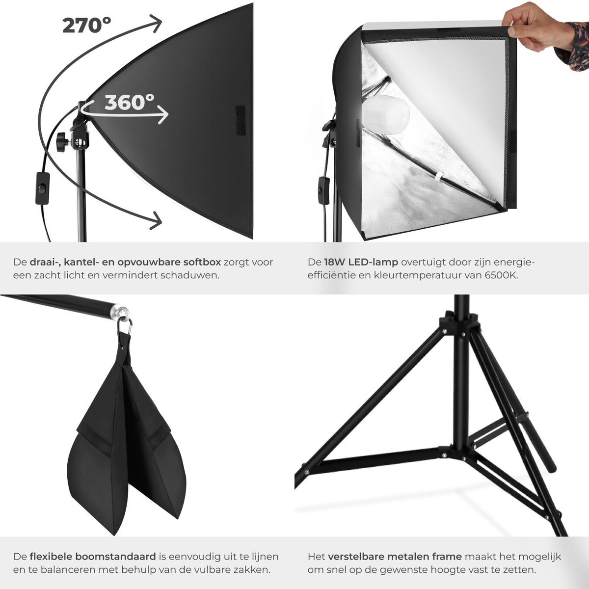 tectake® Professionele Fotostudioset 1x Studiolicht Aluminium Camerastatief incl. LED-Verlichting, Softbox, Tas, Accessoires voor Streaming, Foto, Selfie, Video, Webcam, Binnen en Buiten
