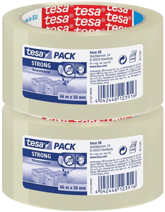 Tesa verpakkingstape - 2x - strong - transparant - 66 mtr x 50 mm ...