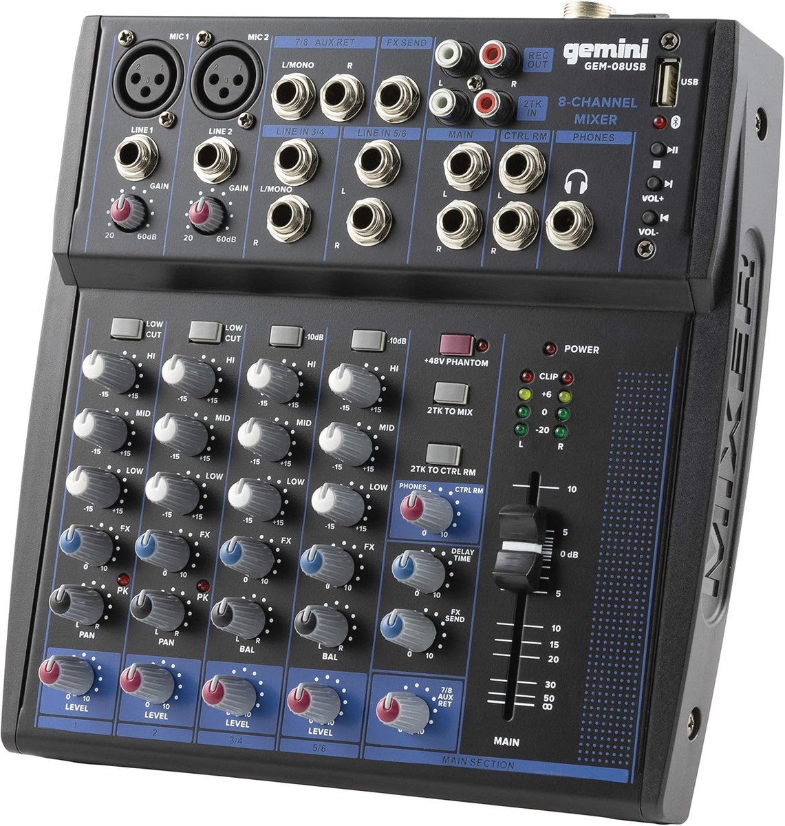 Compacte 8-kanaals analoge mixer met USB en Bluetooth voor professioneel geluid