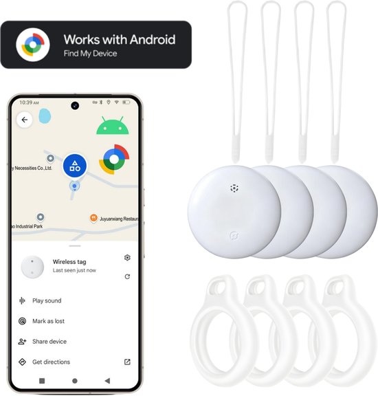 AUROPIKS GPS Tracker 4 stuks met Sleutelhangers - Android Tag - GPS Tracker- Google find my device - Smarttag - Alleen voor Android - Geschikt voor AirTag - Bluetooth Smart Tracker Tag - Android - 4 stuks - 8 Sleutelhangers - Wit