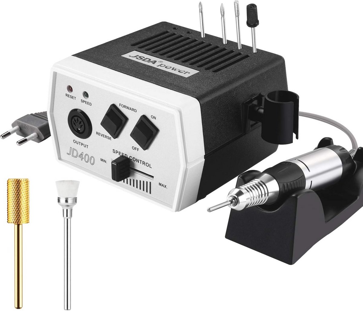 JSDA® JD 400 Premium Nagelfrees voor gelnagels met professionele 30.000 omw/min, freesnagels, frees voor gelnagels, elektrisch, incl. 4 bits en 1 x premium hardmetalen bit, voor privégebruik en studio