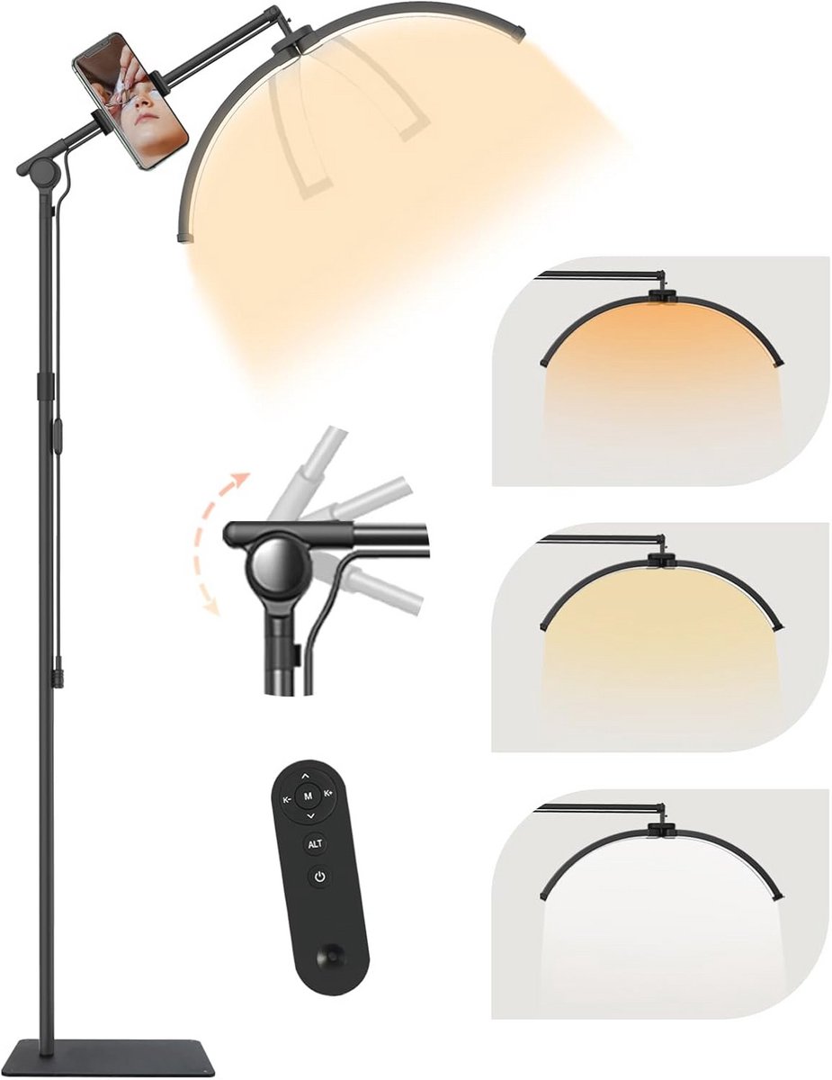 SMOCTAR Halve maanlamp, led, opvouwbare wimperverlengingslamp, 28 inch, professionele esthetische lampen met telefoonhouder, led-vloerlamp voor wimpers, tattoo, schoonheid, zwart