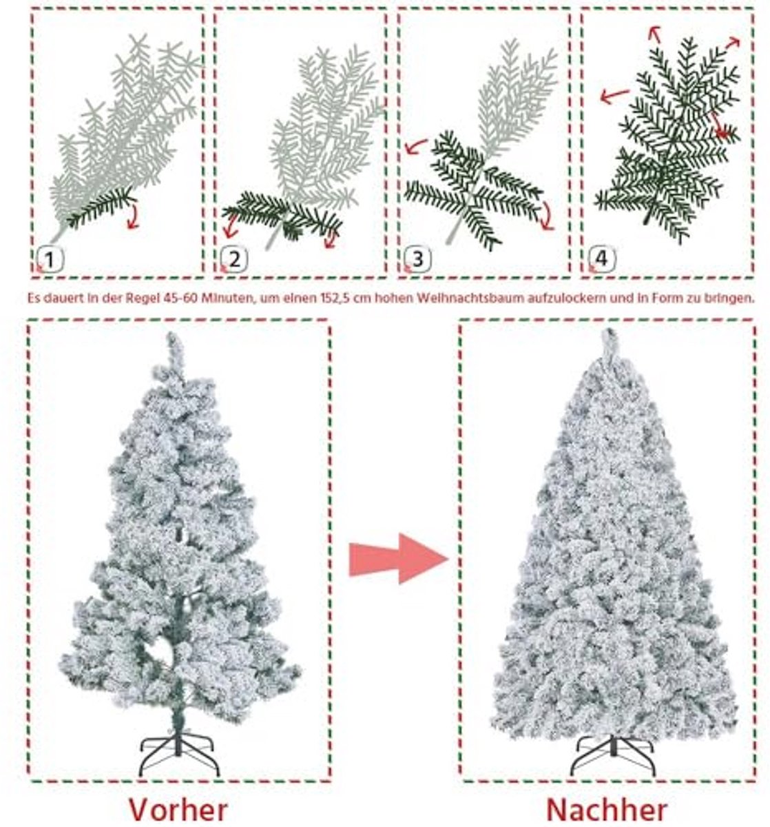 Yaheetech Kunstkerstboom met sneeuw, 152,5 cm (Ø ca. 93 cm) met ca. 532 punten, dennenboom met sneeuw, incl. metalen standaard, snelle montage, klapsysteem, boom voor Kerstmis – foto 8