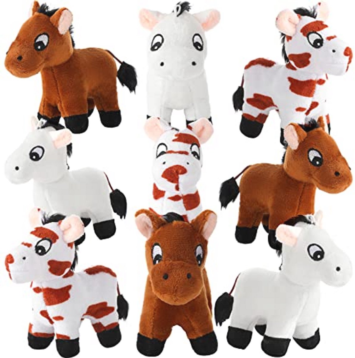 Set van 9 Pluche Paardjes - Mini Paard Pluche Speelgoed van 12cm met Verwijderbare Ketting voor Feestdecoratie