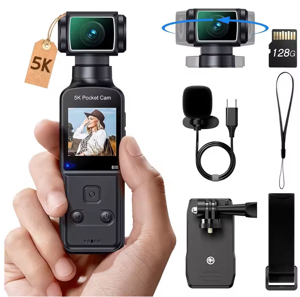5P Pocket Cam - Draaibare Lens - Video - Action - Vloggen - Sport - Microfoon