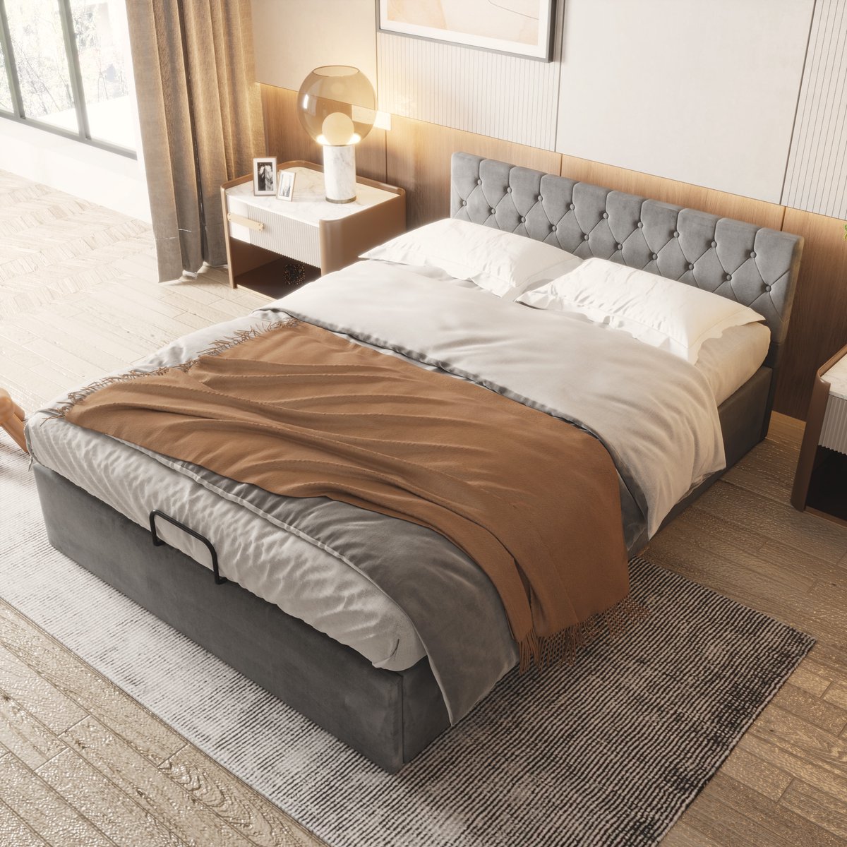REDOM Bedframe 140x200 cm – Fluweel grijs – Met geknoopt hoofdbord & hydraulische opbergruimte
