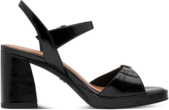 Zwarte Tamaris sandalen met enkelbandje, gesp en plateauzool.